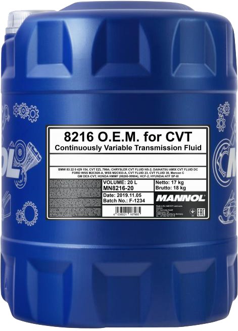 Масло трансмиссионное Mannol O.E.M. 8216 for CVT 20 л (MN8216-20)